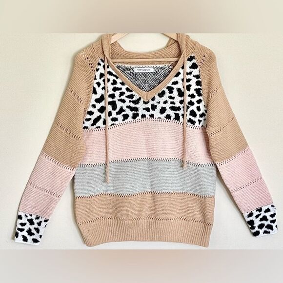 Misslook Fall Animal Print Color Block V Neck Woven Sweater Hoodie Women’s L - Picture 2 of 6